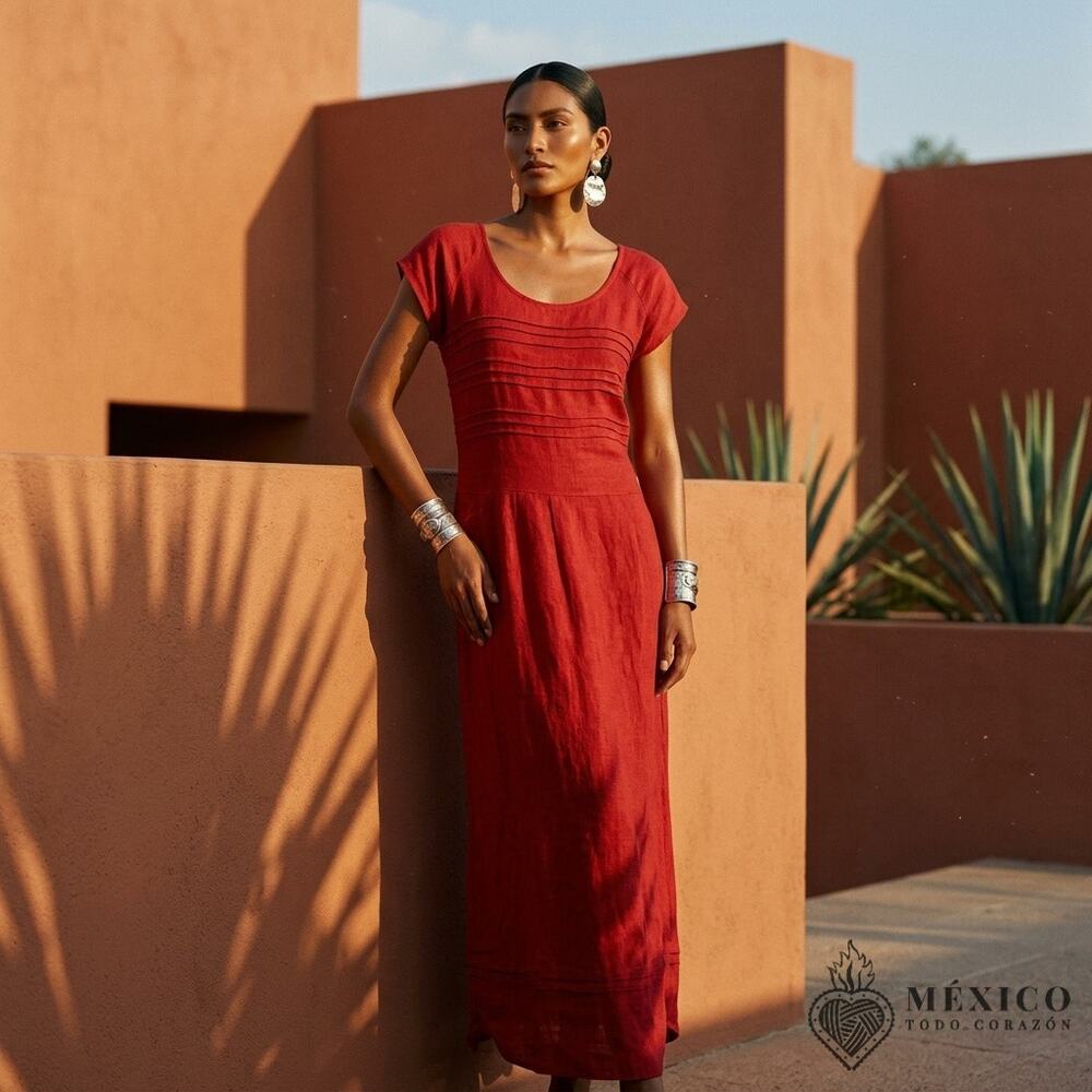 Mexican Red gauze Maxi Dress – Handmade Cotton Floral Artisan Gown (one size)